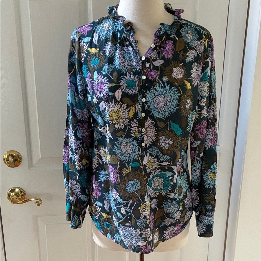 Like-new Talbots dark teal mum print cotton popover blouse